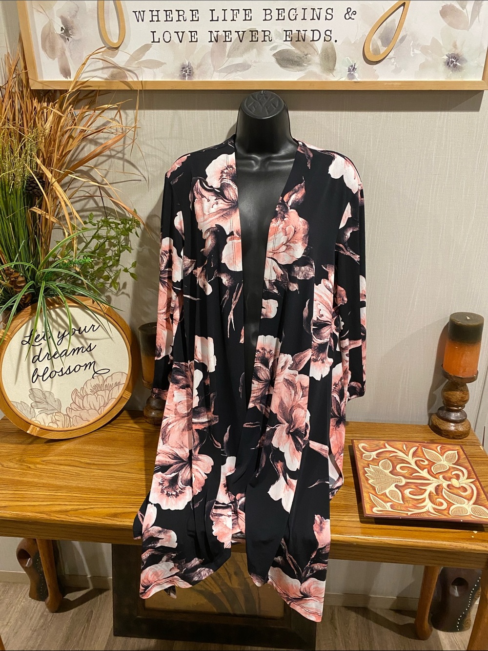 Black Floral Open-Front Cardigan with Blush Pink Flowers